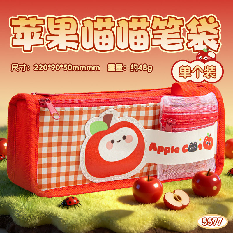 苹果猫卡通分层多层笔袋文具袋高颜值大容量小学生儿童 Apple Cat Cartoon Layered Pencil Case / Stationery Pouch