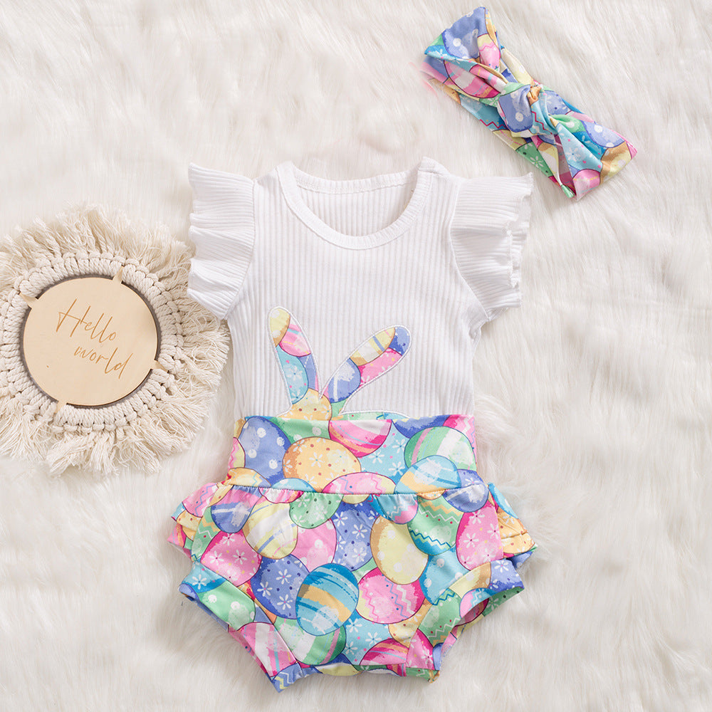Easter女童飞袖哈衣兔子彩蛋PP裤Easter Girls' Ruffled-Sleeve Hoodie with Rabbit and Easter Egg Print, PP Pants