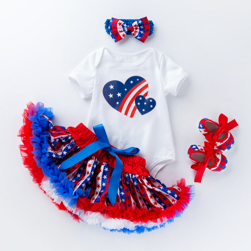 独立婴儿套装白色卡通小童短袖哈衣星星蓬蓬裙 White Cartoon-Printed Short-Sleeve Onesie and Star-Printed Puffy Skirt Set for Babies