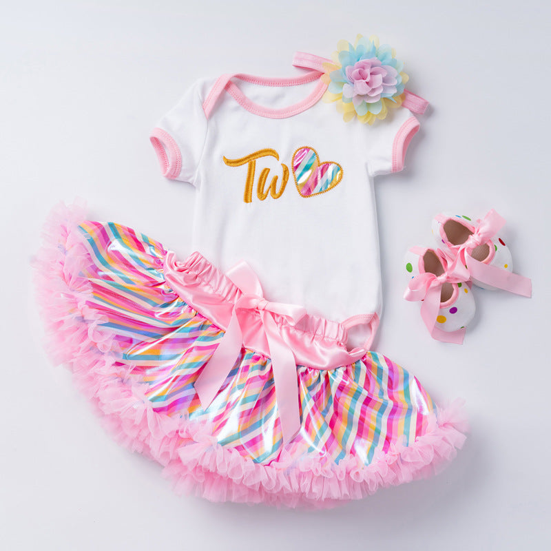 欧美宝宝生日套装婴儿周岁节日装夏季短袖绣花爬服公主裙套装Baby Birthday Outfit Set: 1st Birthday Outfit, Summer Short-Sleeve Embroidered Romper and Princess Dress Set