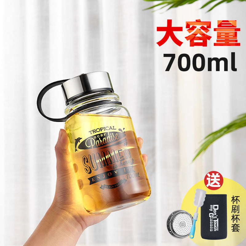 创意个性户外透明大容量玻璃水杯 家用茶水分离带提手杯子Creative, Unique, Large-Capacity Transparent Outdoor Glass Cup—Home Use Tea/Water Separation Cup with Handle