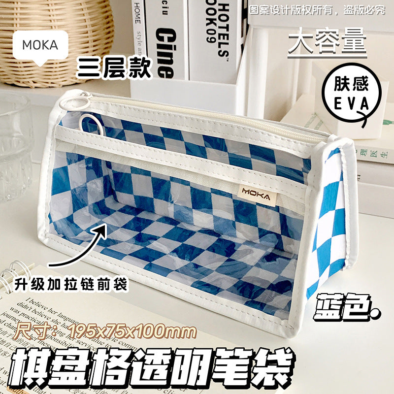简约三层大容量笔袋ins风黑白棋盘格透明文具袋学生用考试铅笔袋Minimalist 3-Compartment Large-Capacity Pencil Case, Black-and-White Checkered Pattern, Transparent Stationery Pouch, Student Exam Pencil Case
