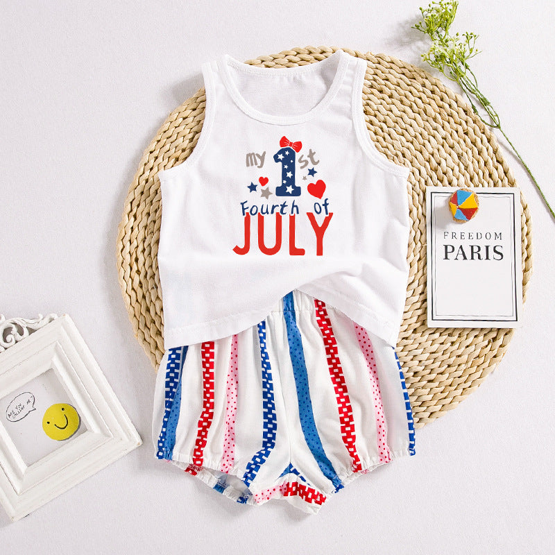 美国独立日套装印花字母无袖T恤条纹短裤2件套American Independence Day Baby Outfit Set: Printed Letter Sleeveless T-Shirt and Striped Shorts (2-Piece Set)