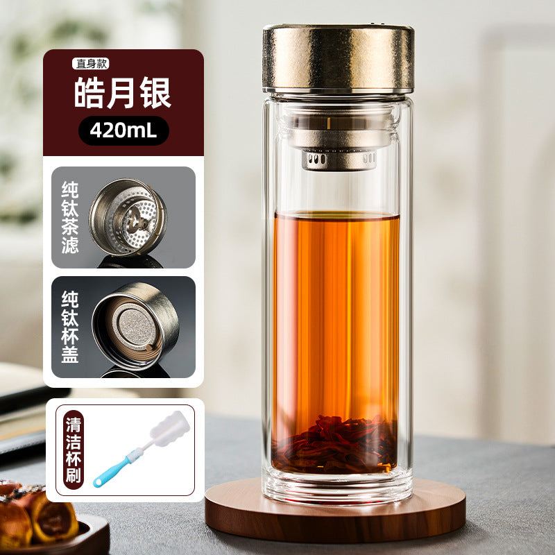 双层耐高温玻璃杯商务办公泡茶杯纯钛杯盖茶漏把手杯高档茶水杯Double-Walled High-Temperature-Resistant Glass Cup, Business Office Tea Cup, Pure Titanium Lid, Tea Strainer, Handle, High-End Tea Cup