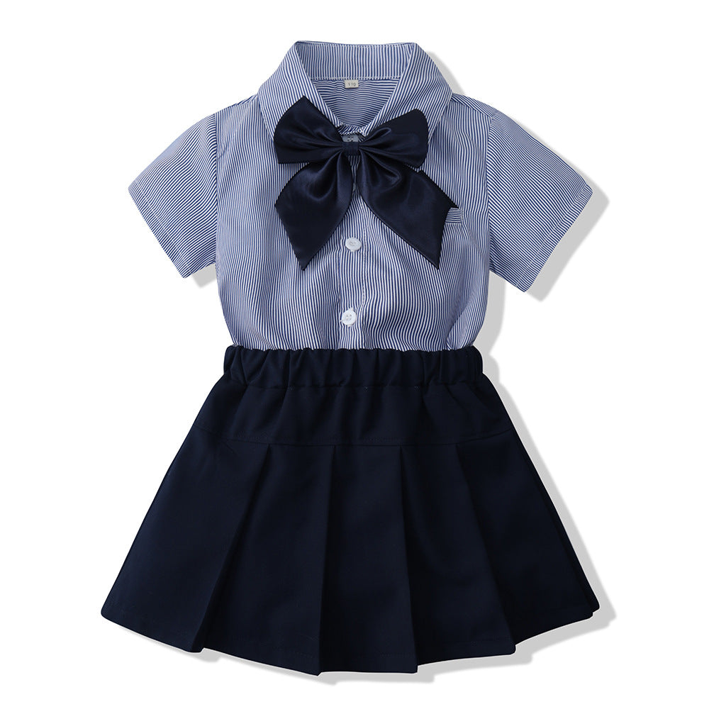 学院风兄妹装开衫正装男女童条纹短袖衬衣演出服毕业校服