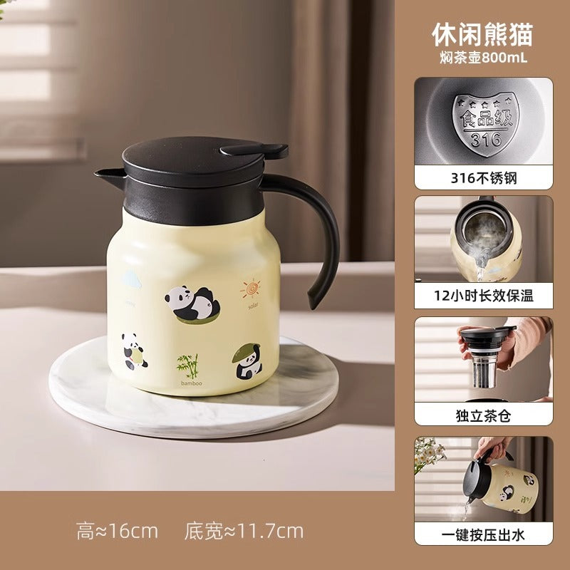 可爱卡通熊猫家用大容量保温泡茶壶 一键按压出水茶水分离焖茶壶Cute Cartoon Panda Large-Capacity Insulated Teapot for Home Use—One-Button Press to Pour, Tea-Water Separation, Steeping Teapot