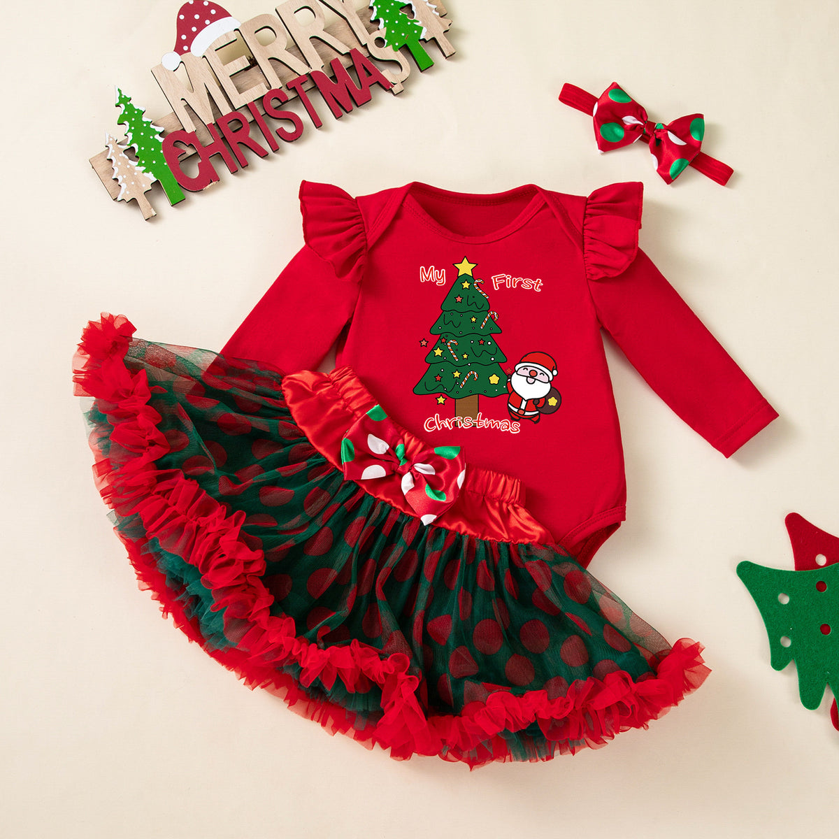 女宝宝圣诞节裙套装长袖哈衣半身裙发饰3件套婴童派对服Baby Girl Christmas Dress Set: Long-Sleeve Onesie, Skirt, and Hair Accessory—3-Piece Baby & Toddler Party Outfit