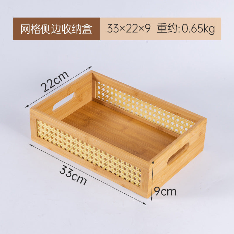 多用途桌面整理藤编框木质收纳盒化妆品收纳篮杂物零食编织收纳筐Multipurpose desktop organiser: wicker frame, wooden storage box, make-up storage basket, miscellaneous items and snacks, woven storage basket