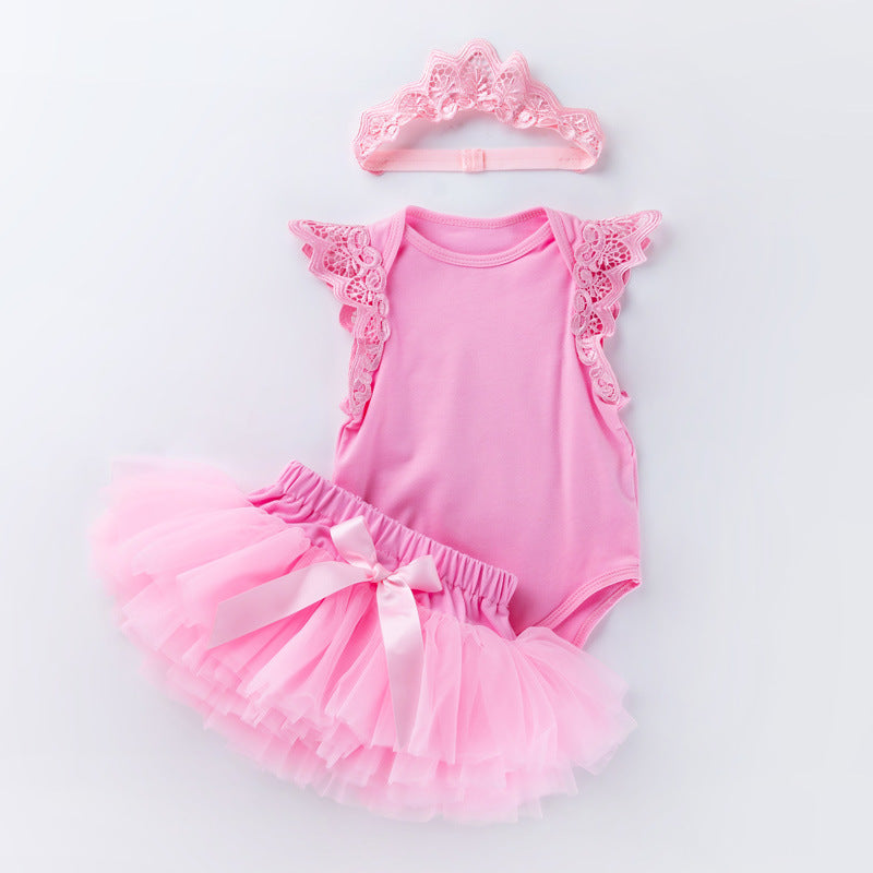 女宝宝02岁婴幼儿无袖翅膀哈衣网纱底裤裙公主裙套装 Girls' 2-Year-Old Sleeveless Winged Romper with Tulle Panties and Princess Dress Set