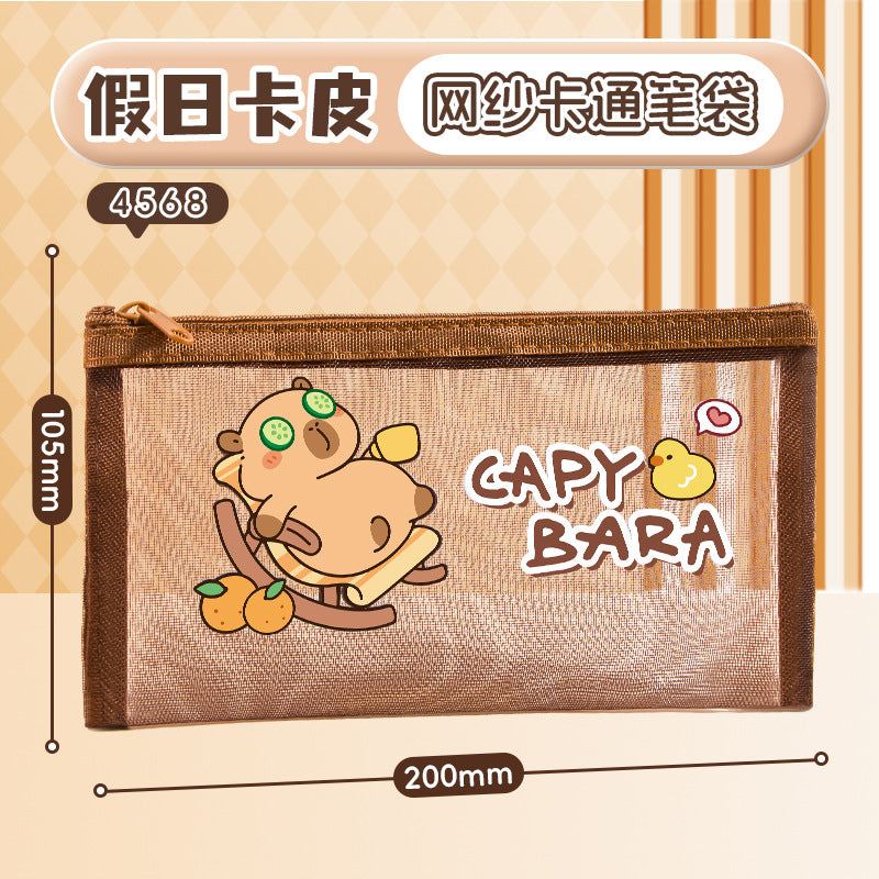 可爱卡皮巴拉文具盒学生补课用大容量考试便携透明柔软网纱笔袋Cute Capybara Pencil Case: Large-Capacity, Portable, Transparent, Soft Mesh Pencil Pouch for Students' Tutoring and Exams