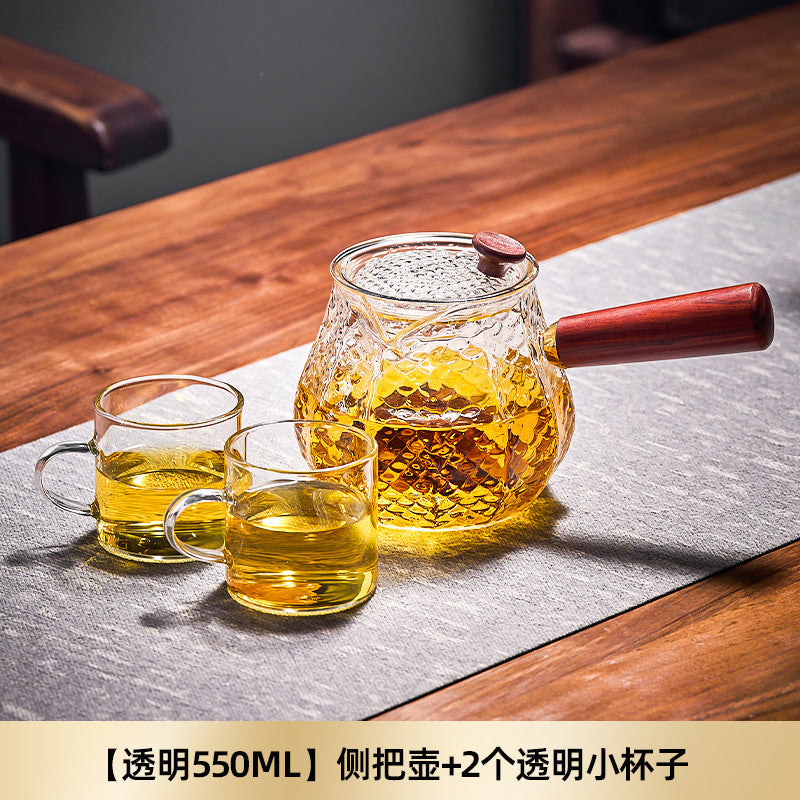 捷安玺实木侧把泡茶壶茶水分离茶壶高硼硅煮泡两用玻璃锤纹壶Solid Wood Side-Handle Tea Pot with Separate Tea and Water Compartments; High-Borosilicate Glass Tea Pot for Both Steeping and Boiling with Hammered Texture