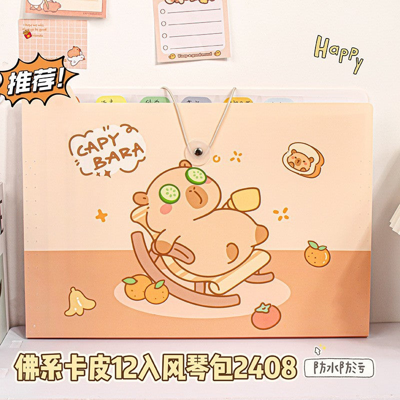 MOKA卡皮巴拉手提8入12入风琴包文件夹横版试卷收纳袋学生文具MOKA Capybara Tote Bag, 8-Pack or 12-Pack, Accordion-Style Folder, Horizontal Exam Paper Storage Bag, Student Stationery