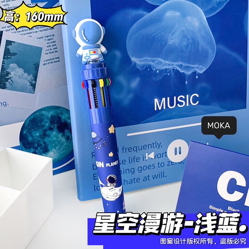 MOKA宇航员十色圆珠笔 学生手账10色笔创意太空人按动彩色多色笔MOKA Astronaut 10-Color Ballpoint Pen: Creative Astronaut-Themed Push-Button Multicolor Pen for Students and Journaling