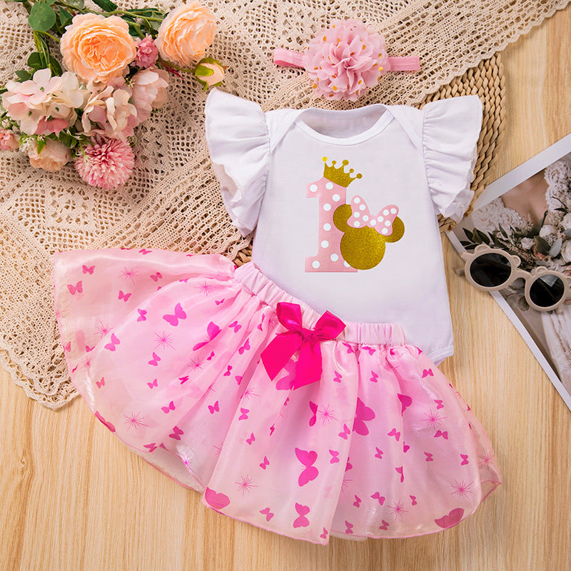周岁节日套装卡通字母1字无袖哈衣蝴蝶结半身裙发饰3件套1st Birthday Party Set: Cartoon “1” Letter Sleeveless Romper, Bow Skirt, and Hair Accessory—3-Piece Trendy Set