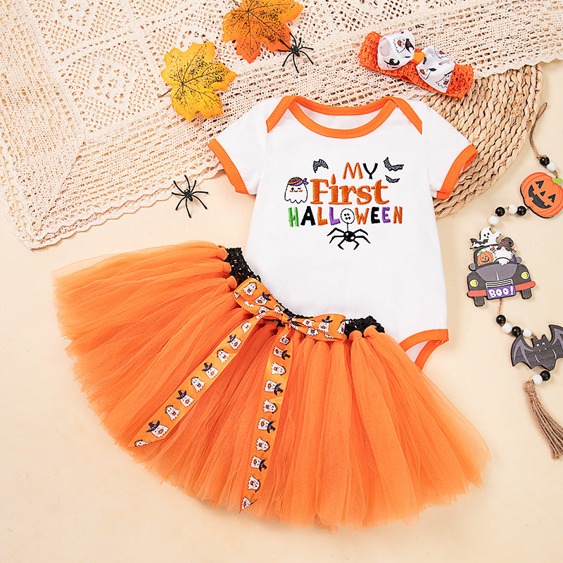 Halloween Costume: 100% Cotton Short-Sleeve Embroidered Witch Hat, Pumpkin Onesie, and Bow Handmade Skirt SetHalloween Costume: Short-Sleeve Embroidered Witch Hat, Pumpkin Onesie, and Bow Handmade Skirt Set