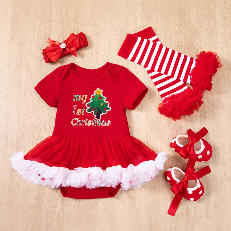 圣诞节宝宝哈衣裙4件套卡通圣诞树老人节日套装Christmas Baby Romper Dress 4-Piece Set: Cartoon Christmas Tree and Santa Claus Holiday Outfit