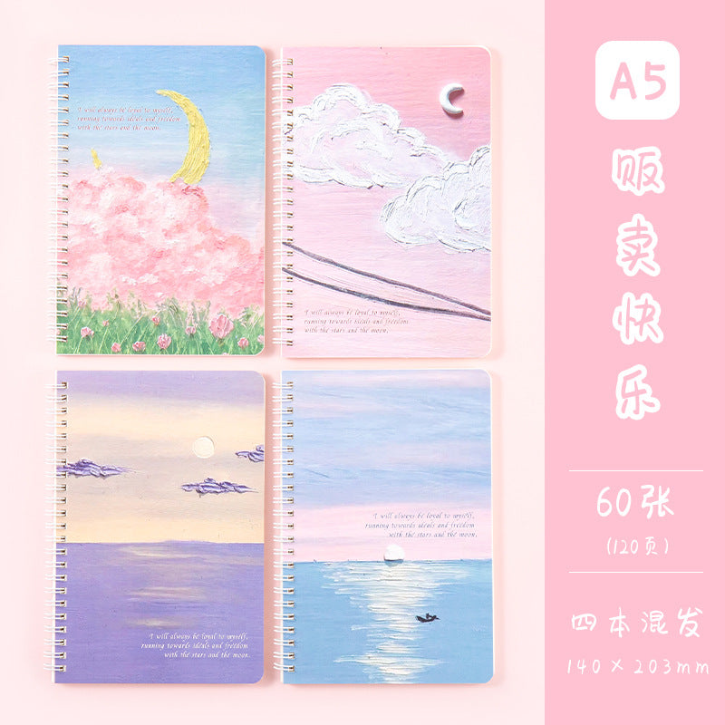 动漫油画创意A5加厚笔记本课堂笔记120页横线学生文具线圈本Anime-themed Creative A5 Thick Notebook for Class Notes, 120 Pages, Lined, Student Stationery, Spiral-bound