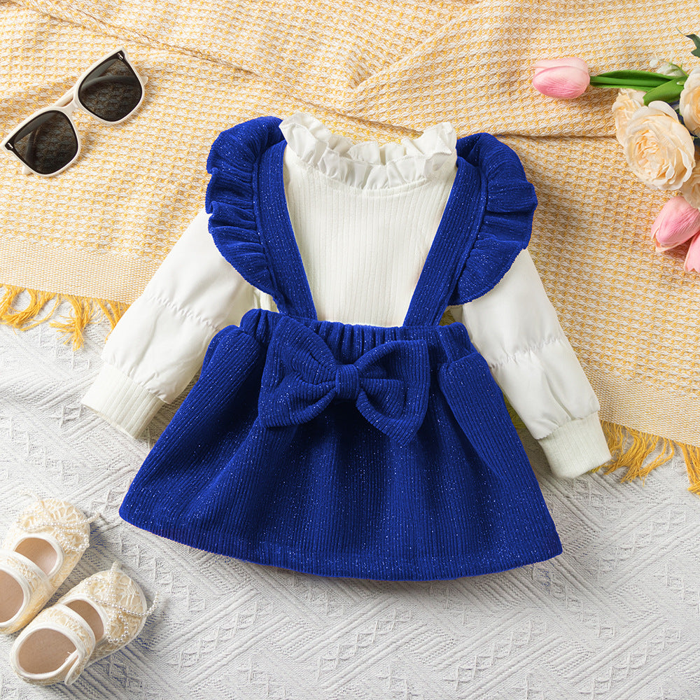 女童套装女宝宝加厚打底衫木耳花边裙子两件套圣诞 Girls' Outfit Set: Baby Girl Thickened Base Layer Top and Ruffle Skirt Two-Piece Set for Christmas