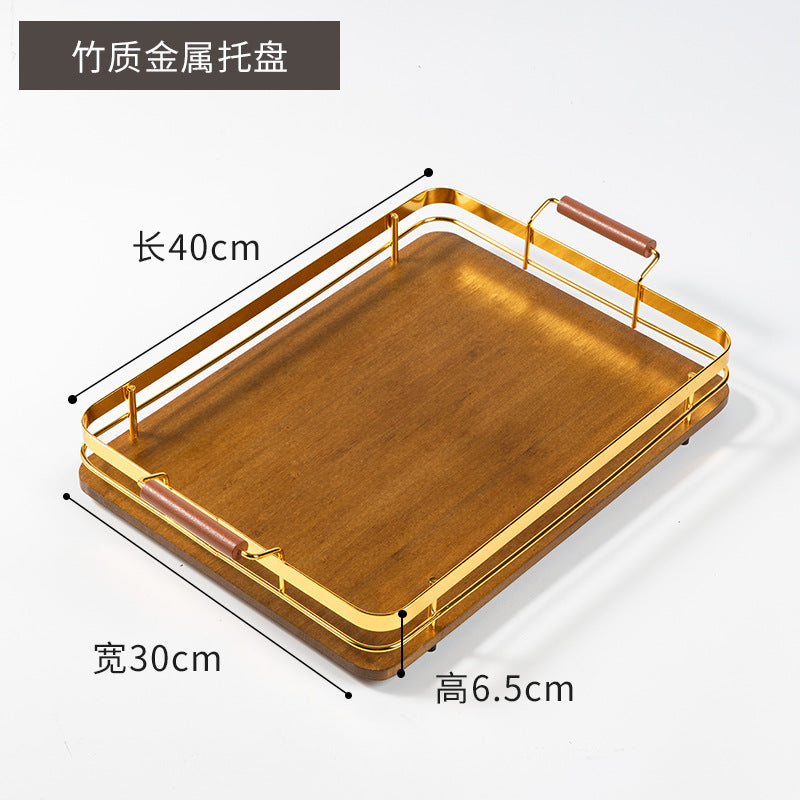 定制金属提手竹木托盘家用长方形简约面包水果托盘酒店茶盘烧烤盘Customised metal-handled bamboo and wooden trays: rectangular, minimalist trays for home use (bread and fruit), hotel tea trays and barbecue trays