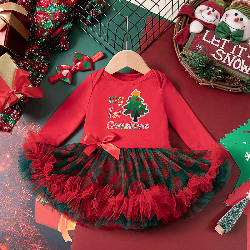 圣诞节秋冬女宝宝婴幼儿童长袖哈衣裙发饰两件套Christmas Fall/Winter Two-Piece Set for Baby Girls and Young Kids: Long-Sleeve Onesie Dress and Hair Accessory