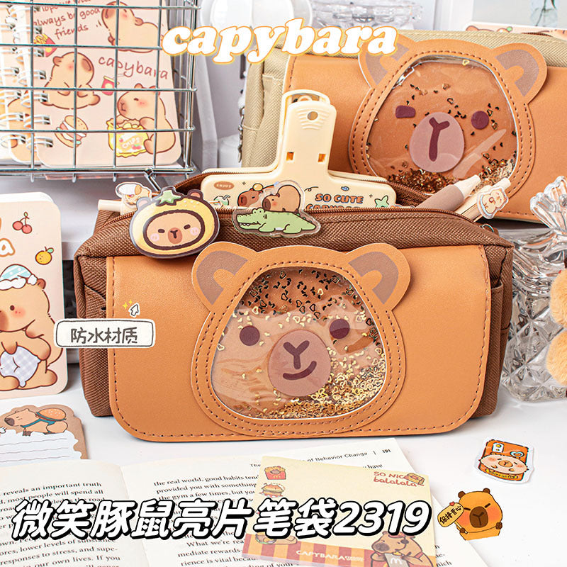 MOKA Cute Capybara Cartoon-Printed Large-Capacity Brown Stationery Pouch for Students
