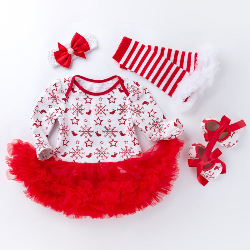 圣诞节女宝宝节日装婴儿春秋长袖红绿包屁裙公主哈衣裙四件套Christmas Outfit for Baby Girls: Spring/Fall Long-Sleeve Red and Green Rompers and Princess-Style Dresses—4-Piece Set