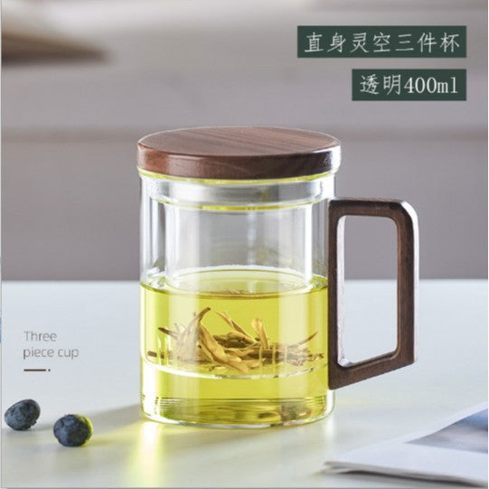 办公男士茶水分离泡茶杯 日式便携带盖带把带茶隔玻璃杯Men's Office Tea Cup with Tea-Water Separation Portable Glass Cup with Lid, Handle, and Tea Strainer