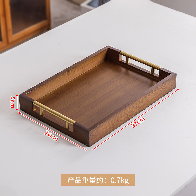 轻奢复古波浪金属提手茶盘家用竹制托盘茶杯酒店中式面包糕点盘Affordable luxury vintage-style wavy metal-handled tea tray; bamboo serving tray for home use; teacup; hotel-style Chinese-style bread and pastry tray