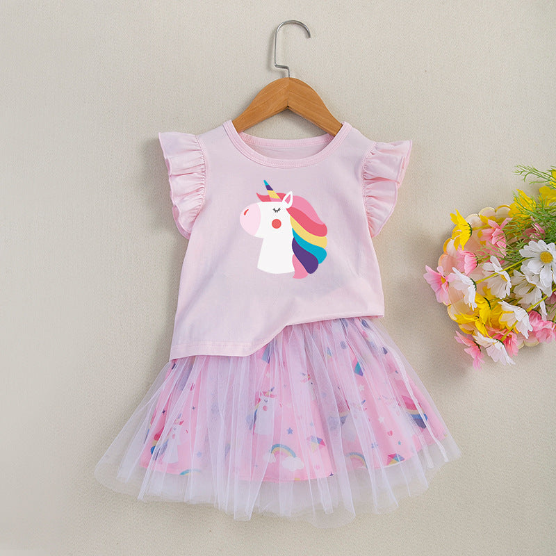 女童套装印花恐龙飞袖T恤半身公主裙2件套儿童节日礼服Girls' 2-Piece Set: Printed Dinosaur T-Shirt with Flare Sleeves and Princess Skirt—Trendy Children's Holiday Outfit