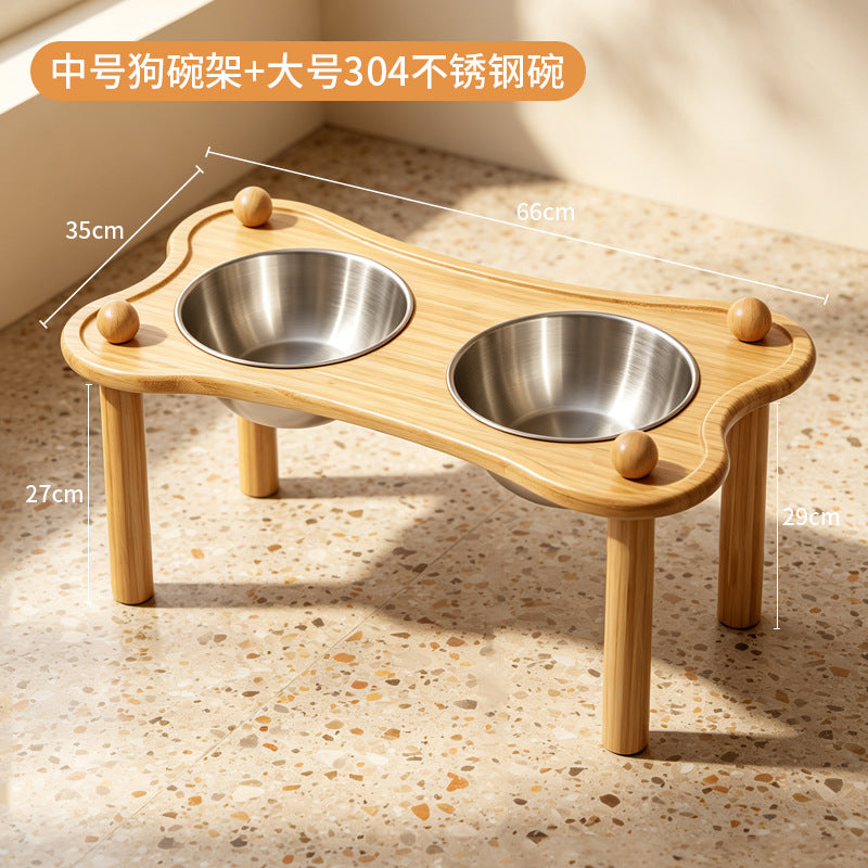 定制竹木狗碗架不锈钢可拆卸狗碗护颈防打翻宠物粮食盆来图可贴标Bespoke bamboo and wood dog bowl stand; stainless steel, detachable dog bowl with neck guard to prevent spilling; pet food bowl; customisable with your design and labelling