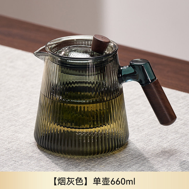 捷安玺竖纹玻璃茶壶新款家用待客木把煮茶壶高硼硅耐热玻璃泡茶壶Vertical-Striped Glass Teapot Home and Guest-Friendly Wooden-Handle Teapot, High-Borosilicate Heat-Resistant Glass Teapot