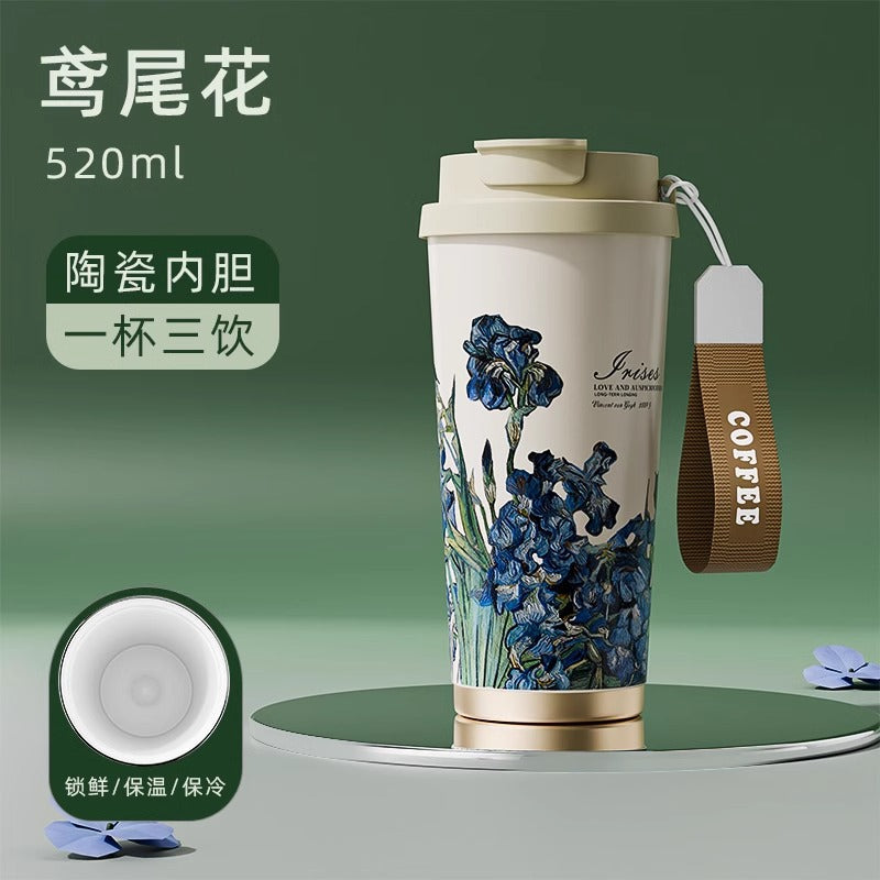保温杯女生高颜值小清新喷陶内胆咖啡杯子 便携随行吸管水杯Stylish, Fresh-Looking Insulated Coffee Mug for Women with a Glazed Ceramic Liner—Portable Travel Mug with Straw