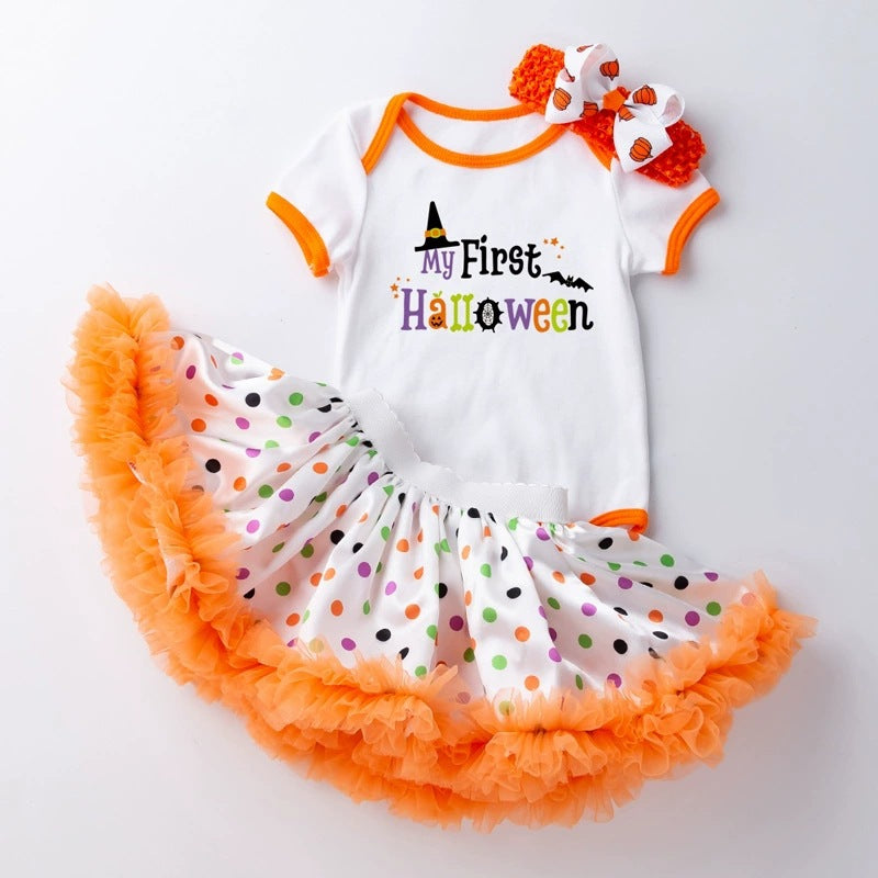 万圣节主题宝宝派对礼服短袖哈衣半身裙发饰3件婴儿套装Halloween-Themed Baby Party Outfit: Short-Sleeve Onesie, Skirt, and Hair Accessory—3-Piece Baby Set