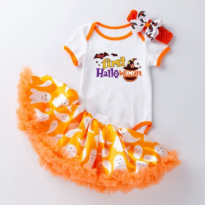 万圣节主题宝宝派对礼服短袖哈衣半身裙发饰3件婴儿套装Halloween-Themed Baby Party Outfit: Short-Sleeve Onesie, Skirt, and Hair Accessory—3-Piece Baby Set