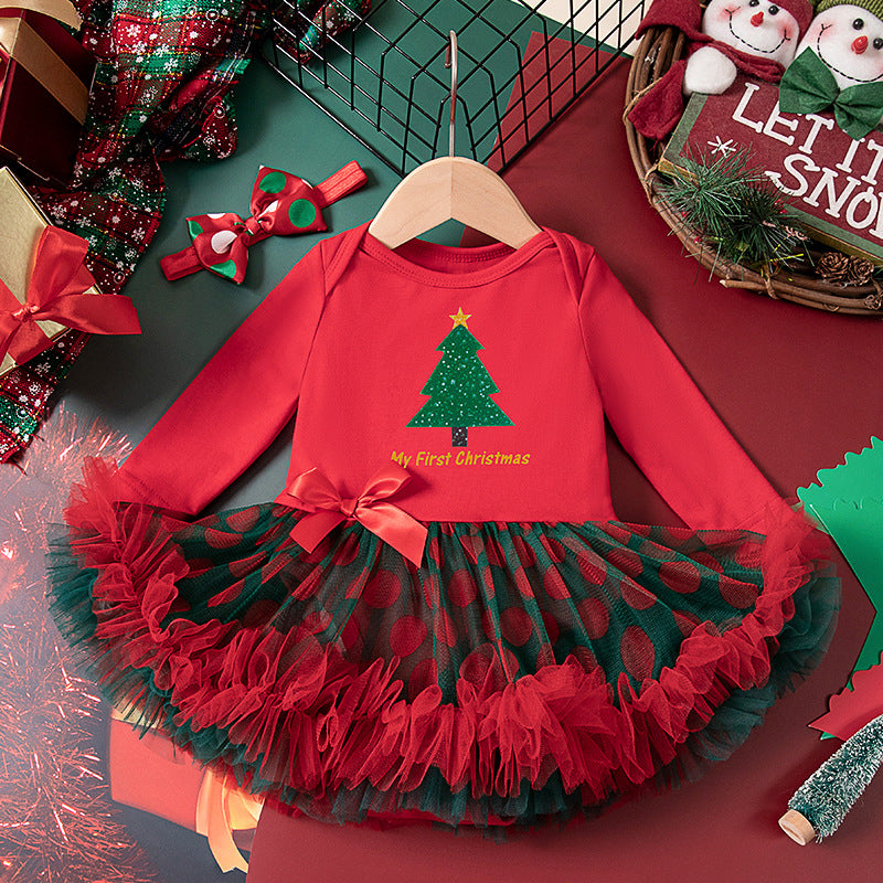 圣诞节秋冬女宝宝婴幼儿童长袖哈衣裙发饰两件套Christmas Fall/Winter Two-Piece Set for Baby Girls and Young Kids: Long-Sleeve Onesie Dress and Hair Accessory