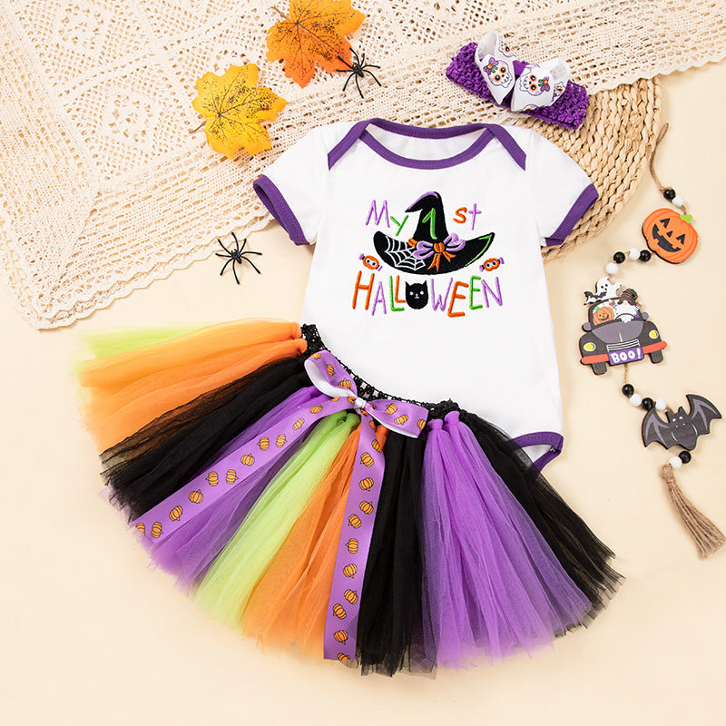 Halloween Costume: 100% Cotton Short-Sleeve Embroidered Witch Hat, Pumpkin Onesie, and Bow Handmade Skirt SetHalloween Costume: Short-Sleeve Embroidered Witch Hat, Pumpkin Onesie, and Bow Handmade Skirt Set