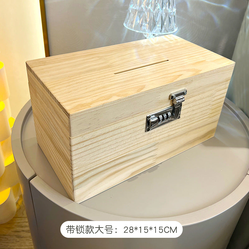 存钱罐储蓄罐密码锁箱木质加厚家用可存可取或存不取儿童跨境松木Piggy bank, savings box, combination lock, wooden, reinforced, for home use, with options to deposit and withdraw or deposit only, for children, cross-border, pine wood