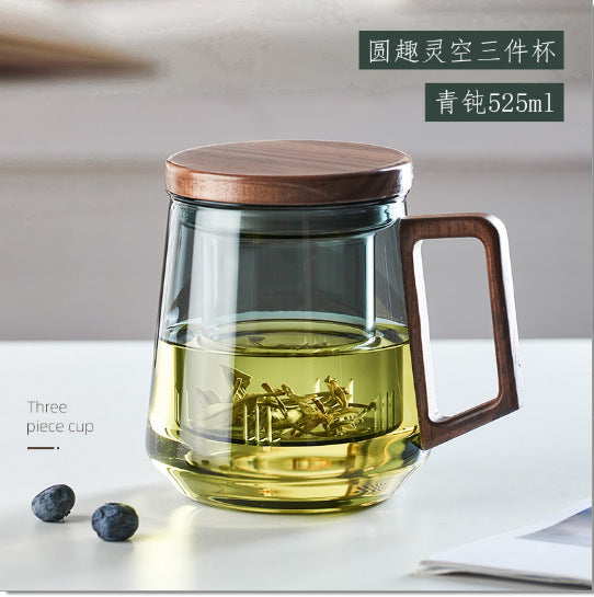 办公男士茶水分离泡茶杯 日式便携带盖带把带茶隔玻璃杯Men's Office Tea Cup with Tea-Water Separation Portable Glass Cup with Lid, Handle, and Tea Strainer