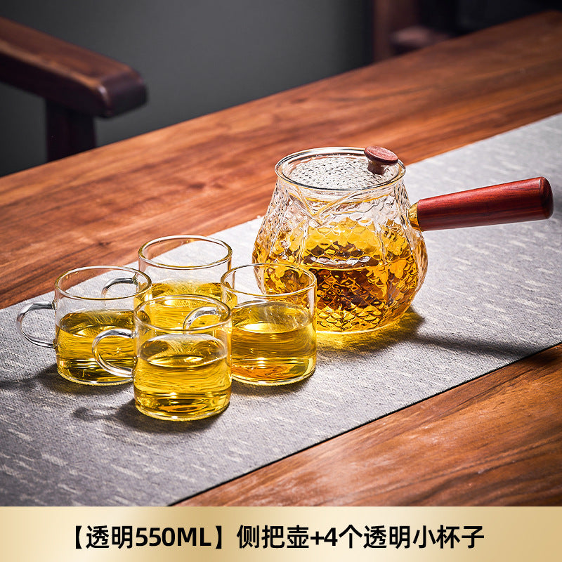 捷安玺实木侧把泡茶壶茶水分离茶壶高硼硅煮泡两用玻璃锤纹壶Solid Wood Side-Handle Tea Pot with Separate Tea and Water Compartments; High-Borosilicate Glass Tea Pot for Both Steeping and Boiling with Hammered Texture