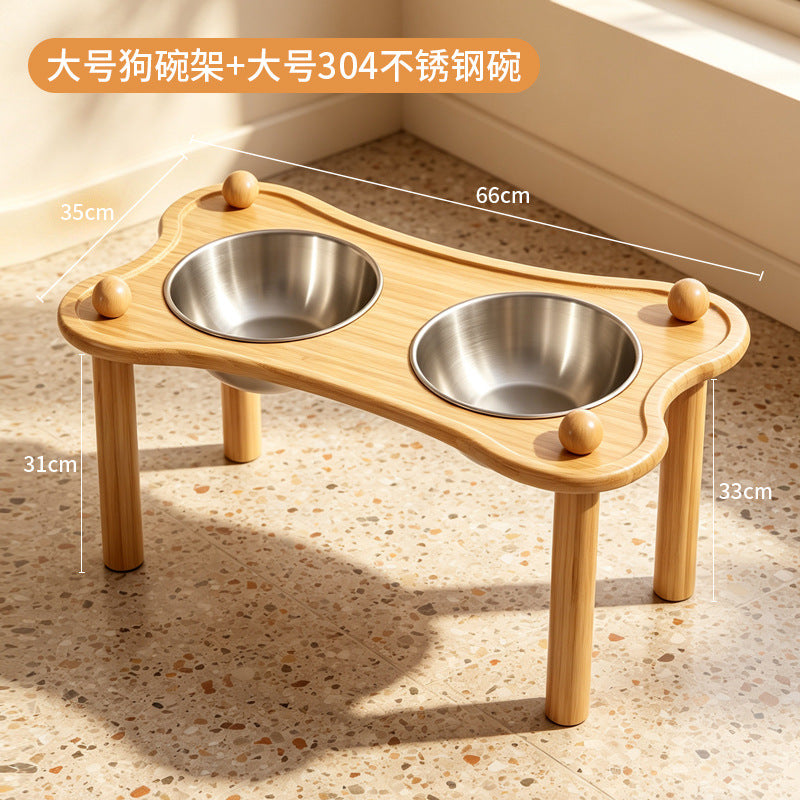 定制竹木狗碗架不锈钢可拆卸狗碗护颈防打翻宠物粮食盆来图可贴标Bespoke bamboo and wood dog bowl stand; stainless steel, detachable dog bowl with neck guard to prevent spilling; pet food bowl; customisable with your design and labelling