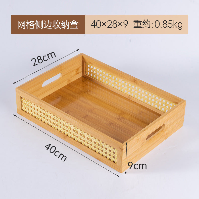 多用途桌面整理藤编框木质收纳盒化妆品收纳篮杂物零食编织收纳筐Multipurpose desktop organiser: wicker frame, wooden storage box, make-up storage basket, miscellaneous items and snacks, woven storage basket