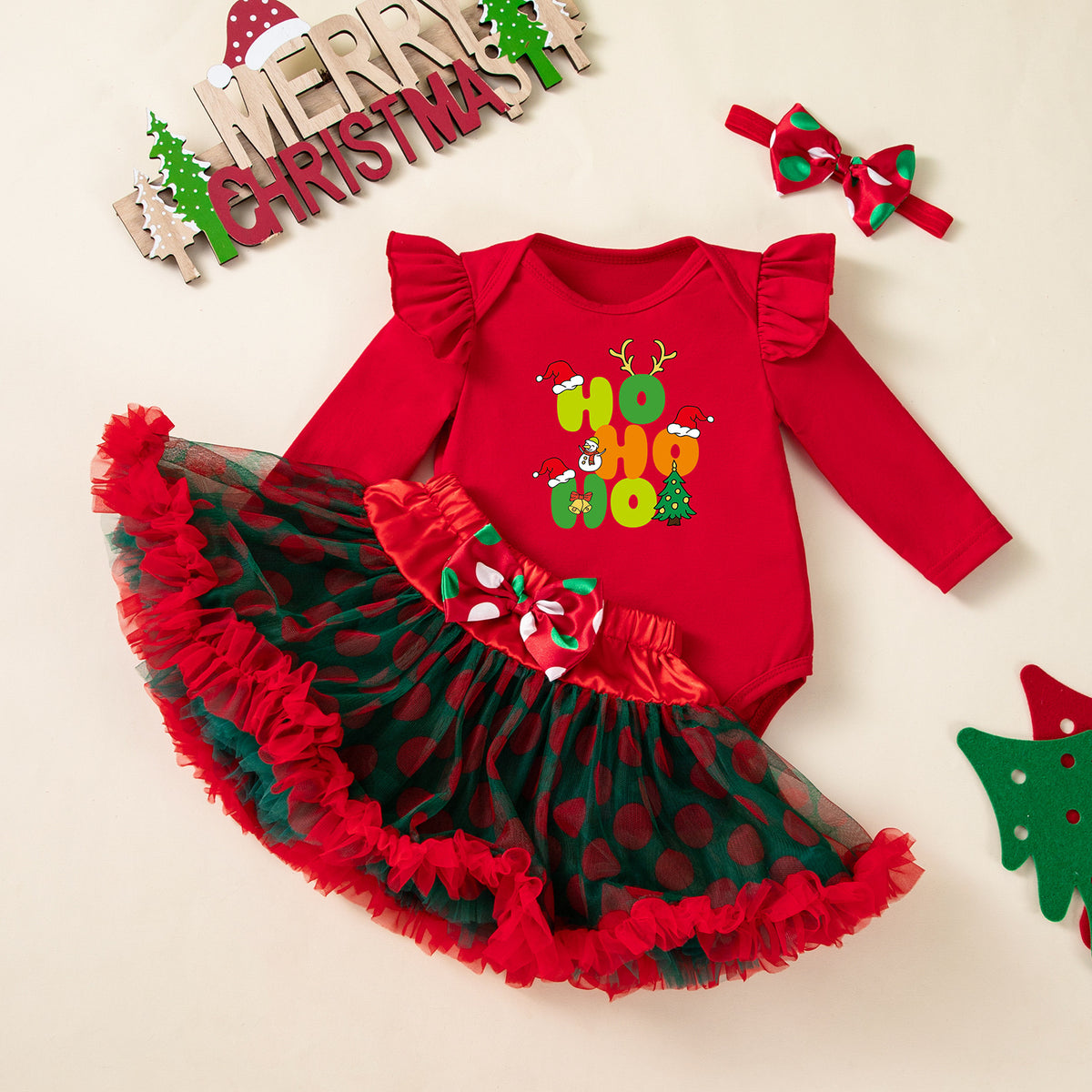 女宝宝圣诞节裙套装长袖哈衣半身裙发饰3件套婴童派对服Baby Girl Christmas Dress Set: Long-Sleeve Onesie, Skirt, and Hair Accessory—3-Piece Baby & Toddler Party Outfit