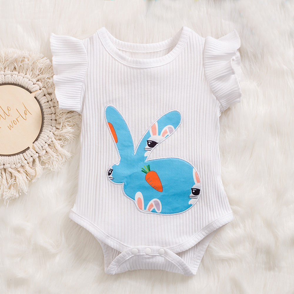 复活节女宝宝飞袖哈衣+短裤+头花多件套 Easter Baby Girl Set: Ruffled Romper + Shorts + Hair Clip