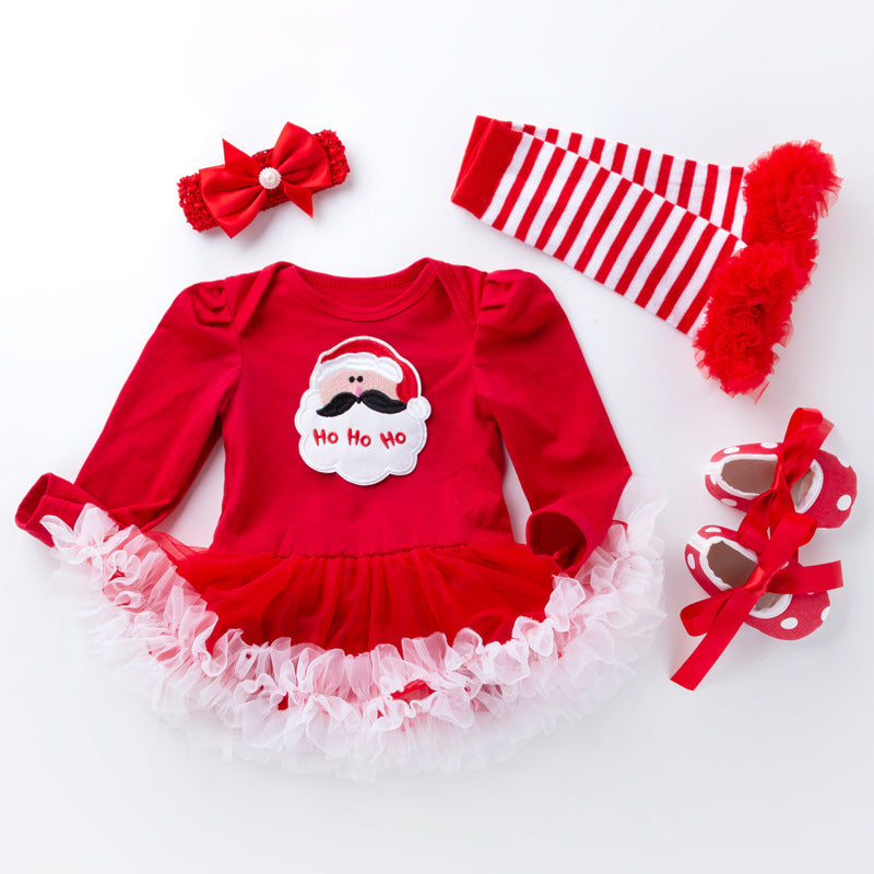 圣诞节女宝宝节日装婴儿春秋长袖红绿包屁裙公主哈衣裙四件套Christmas Outfit for Baby Girls: Spring/Fall Long-Sleeve Red and Green Rompers and Princess-Style Dresses—4-Piece Set
