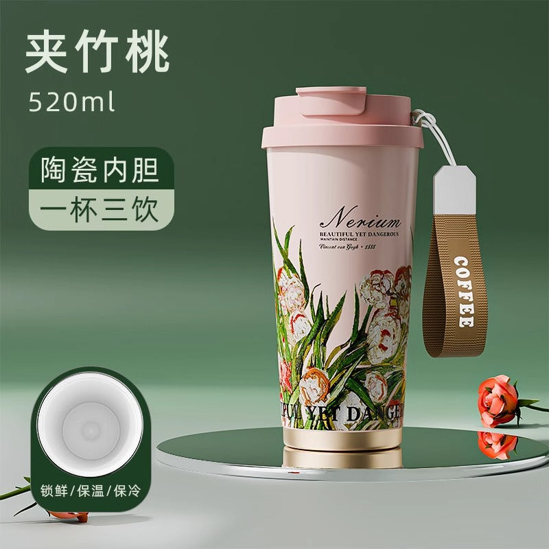 保温杯女生高颜值小清新喷陶内胆咖啡杯子 便携随行吸管水杯Stylish, Fresh-Looking Insulated Coffee Mug for Women with a Glazed Ceramic Liner—Portable Travel Mug with Straw