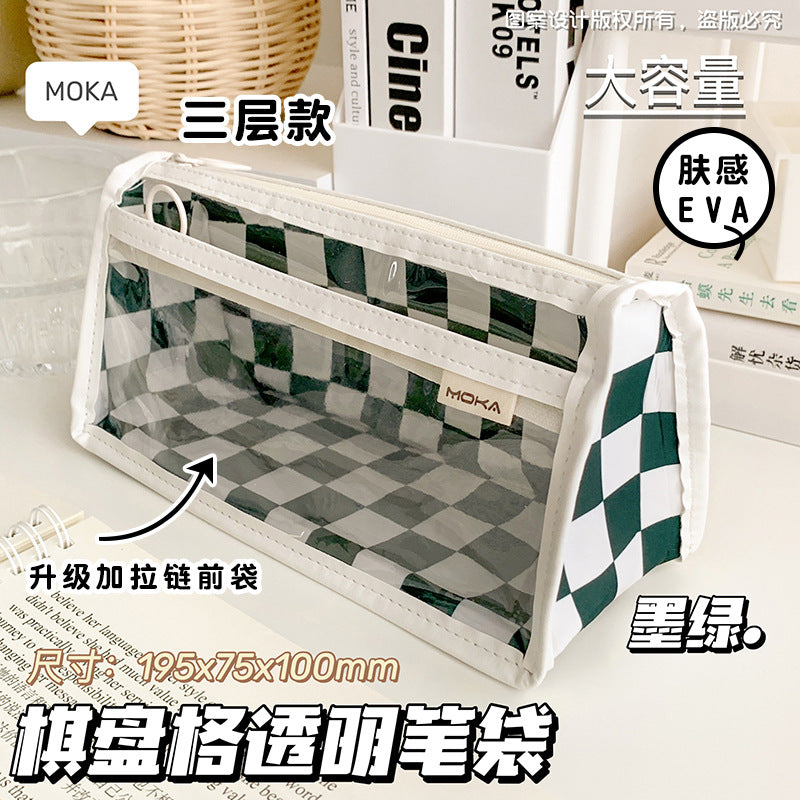 简约三层大容量笔袋ins风黑白棋盘格透明文具袋学生用考试铅笔袋Minimalist 3-Compartment Large-Capacity Pencil Case, Black-and-White Checkered Pattern, Transparent Stationery Pouch, Student Exam Pencil Case