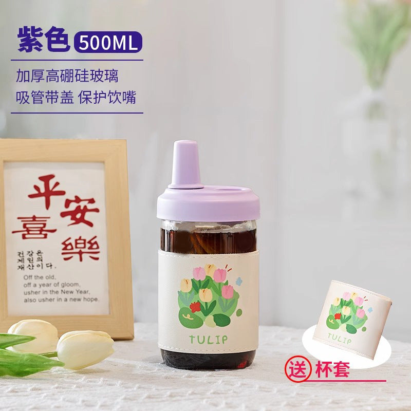女高颜值杯子家用仙女杯便携牛奶果汁吸管杯大容量网红水杯玻璃杯Women's Mugs, Household Mugs, Portable Milk and Juice Straws Mugs, Large-Capacity Trending Water Mugs, Glass Mugs