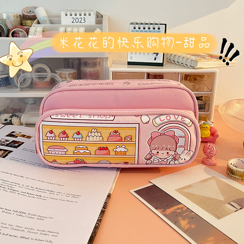 MOKA魔卡大容量双层笔袋女生小学生铅笔盒拉链铅笔袋MOKA Large-Capacity Double-Layer Pencil Case for Girls in Elementary School—Zippered Pencil Case