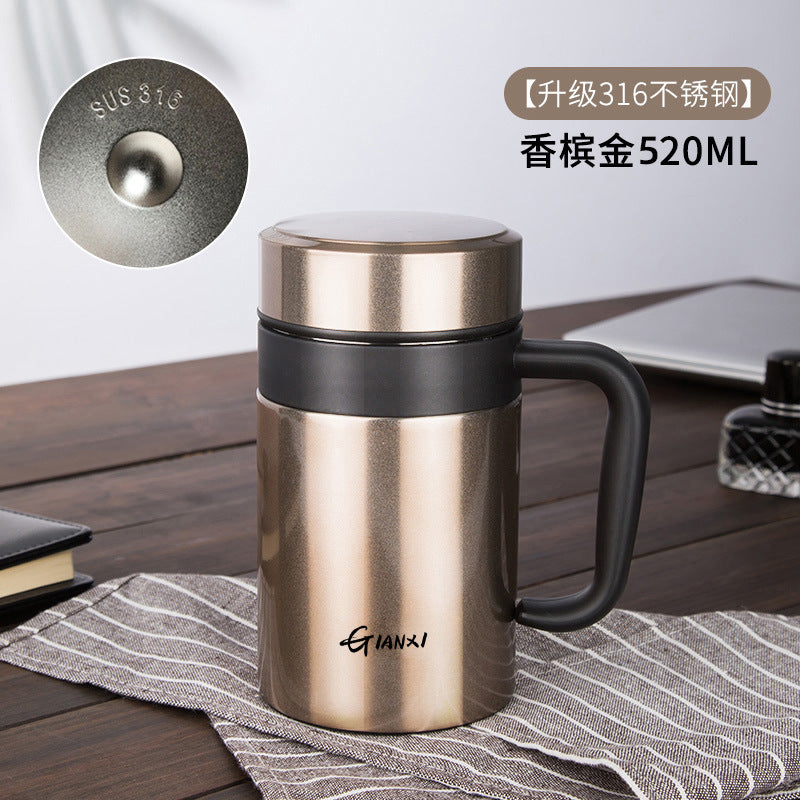 商务男办公大容量显温智能保温杯 一件代发茶水分离带把保温水杯Men's Business-Style Office Large-Capacity Smart Insulated Cup with Temperature Display—Drop Shipping Available; Tea/Water Separation Design with Handle
