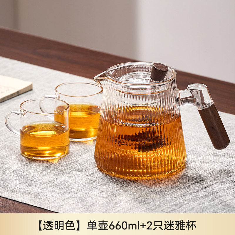 捷安玺竖纹玻璃茶壶新款家用待客木把煮茶壶高硼硅耐热玻璃泡茶壶Vertical-Striped Glass Teapot Home and Guest-Friendly Wooden-Handle Teapot, High-Borosilicate Heat-Resistant Glass Teapot